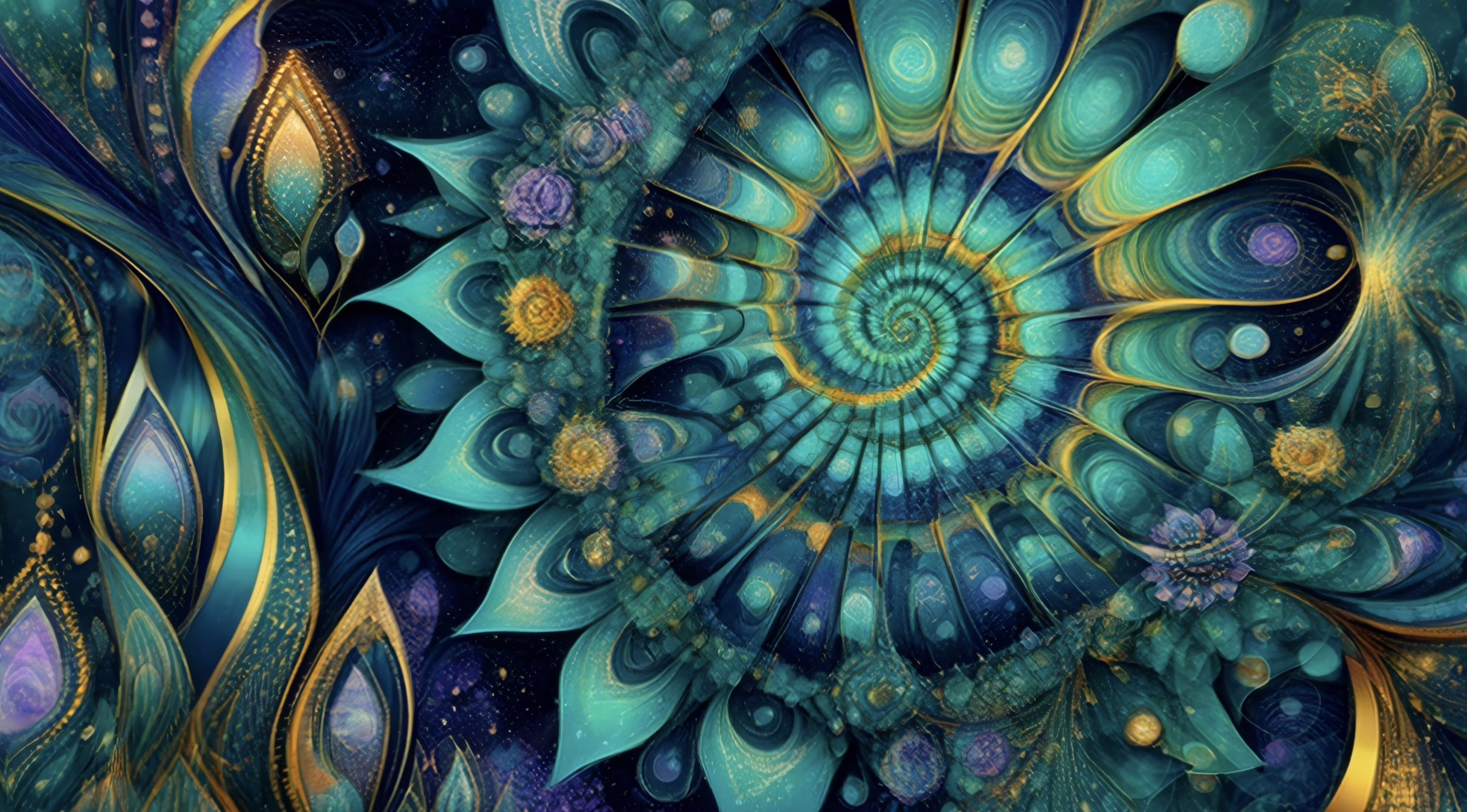 teal and gold nautilus spiral—deep focus 5-hour visual loop for shrooms 4K